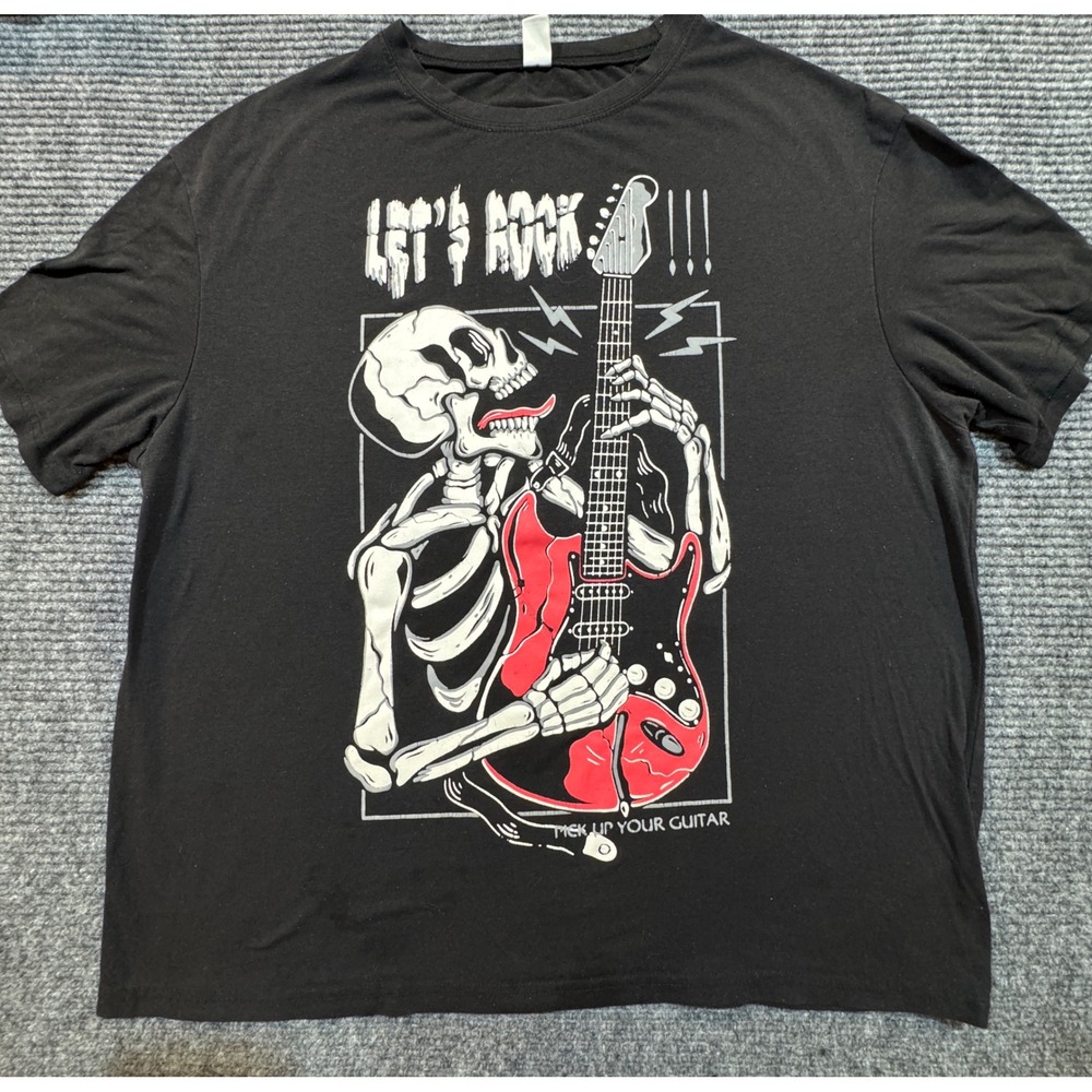 Romwe Skeleton Guitar T-Shirt Men's L Black Let's Rock Graphic Distressed